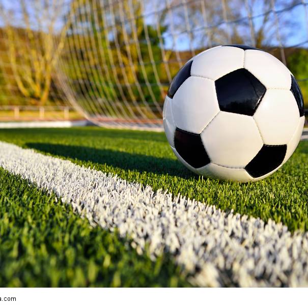 Ein Fußball liegt im Tor eines Fußballfeldes.