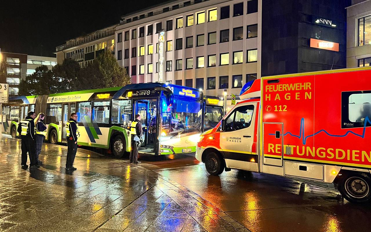 Vor einem Bus stehen zwei Polizisten. Rechts von ihnen steht ein Rettungswagen.