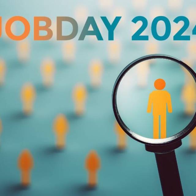 Durch eine Lupe sieht man ein Strichmännchen. Auf dem Bild steht ein Text: Jobday 2024