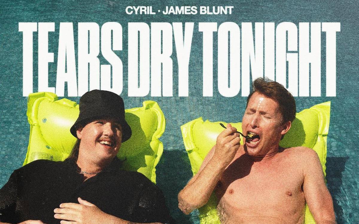 Auf dem Single-Cover von "Tears Dry Tonight" sind Cyril und James Blunt zu sehen, wie sie auf aufblasbaren Schwimmatratzen in einem Pool liegen.