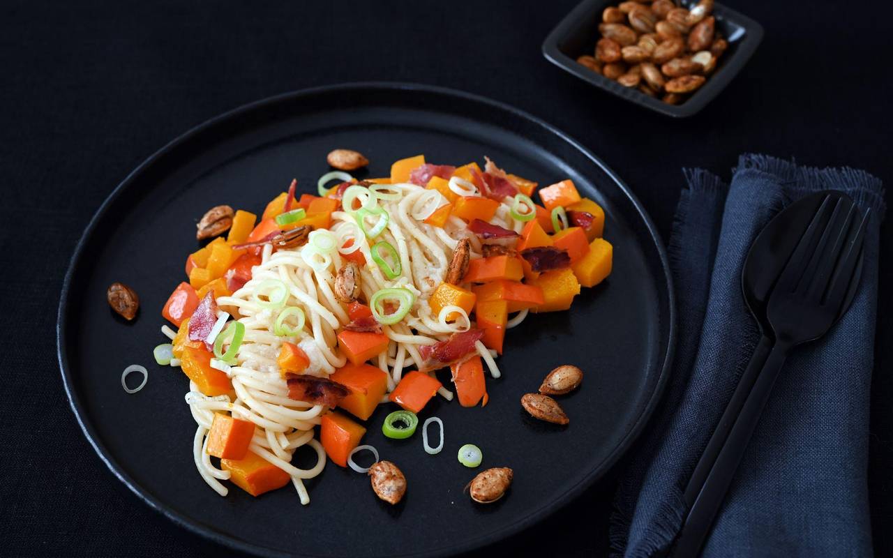 Spaghetti mit Kürbis und Bacon