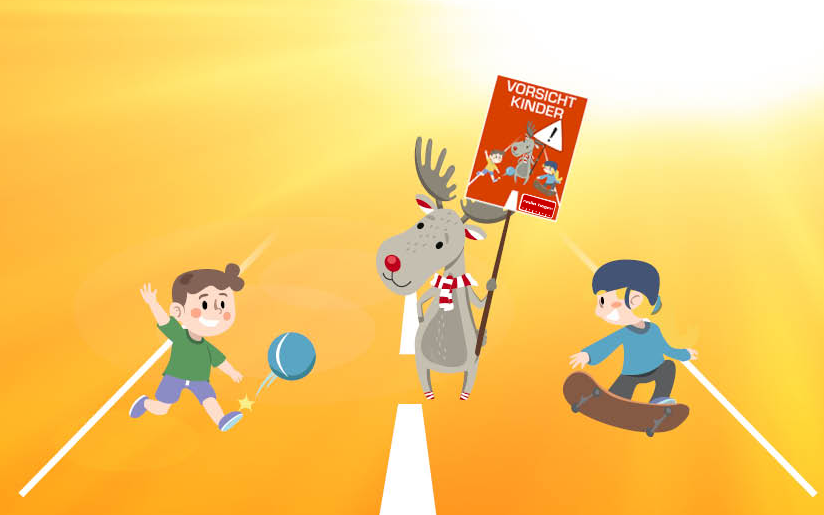 Radio-Elch Emil spielt auf der Straße mit Kindern