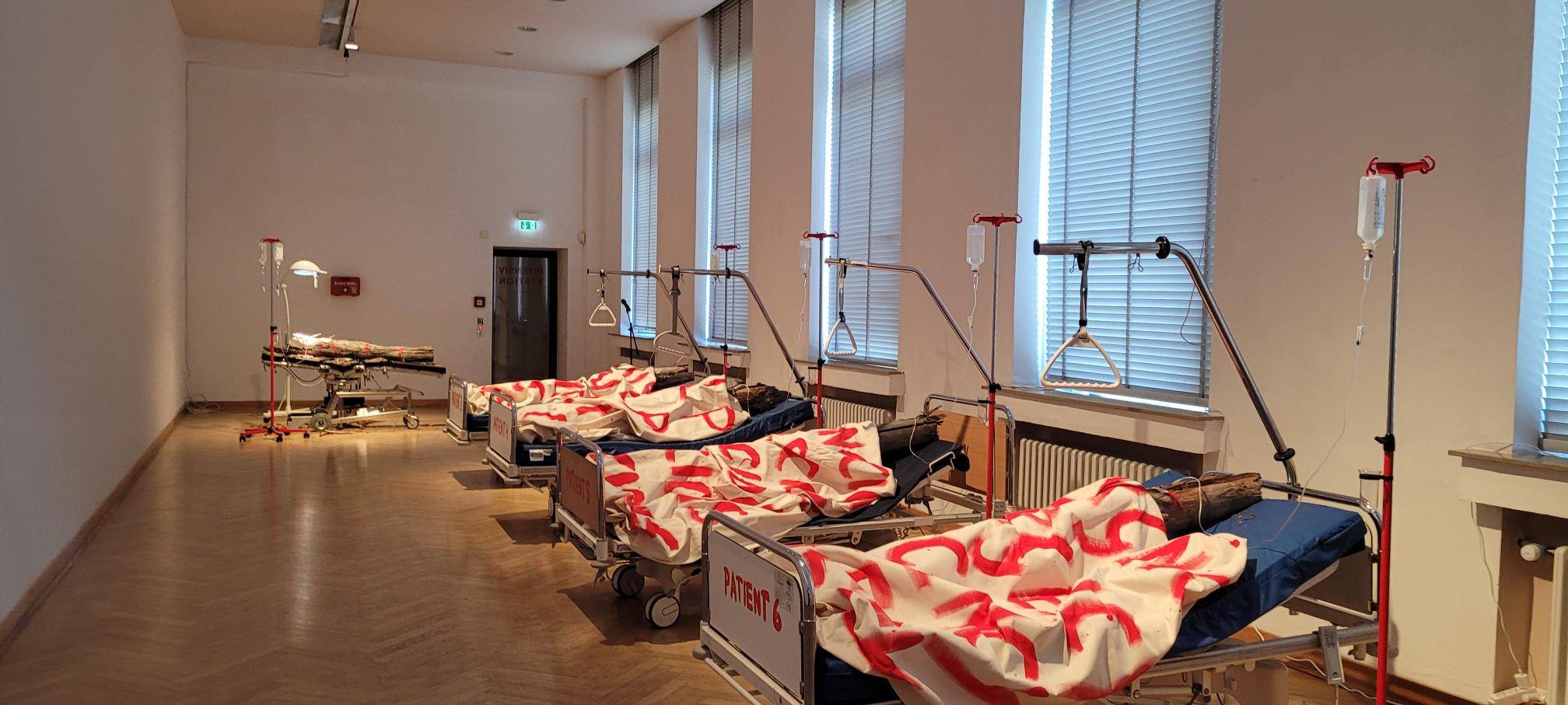 Zu sehen sind Baumstämme, die auf Krankenbetten platziert sind und mit Leinen bedeckt sind, auf denen in rot Begriffe wie "Emergency" oder "Help" stehen.