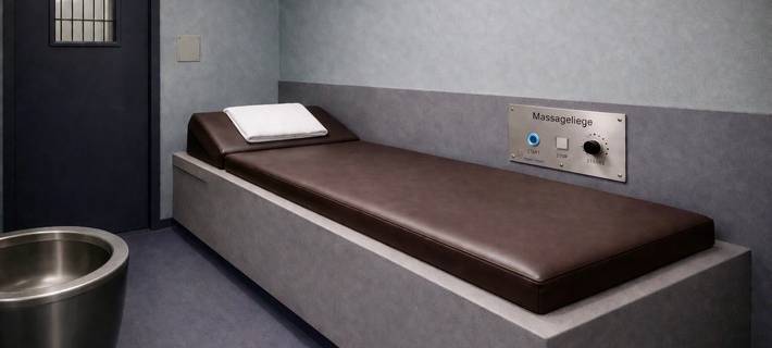 Im Polizeigewahrsam wird die Nutzung und Wirkung von Massageliegen getestet.