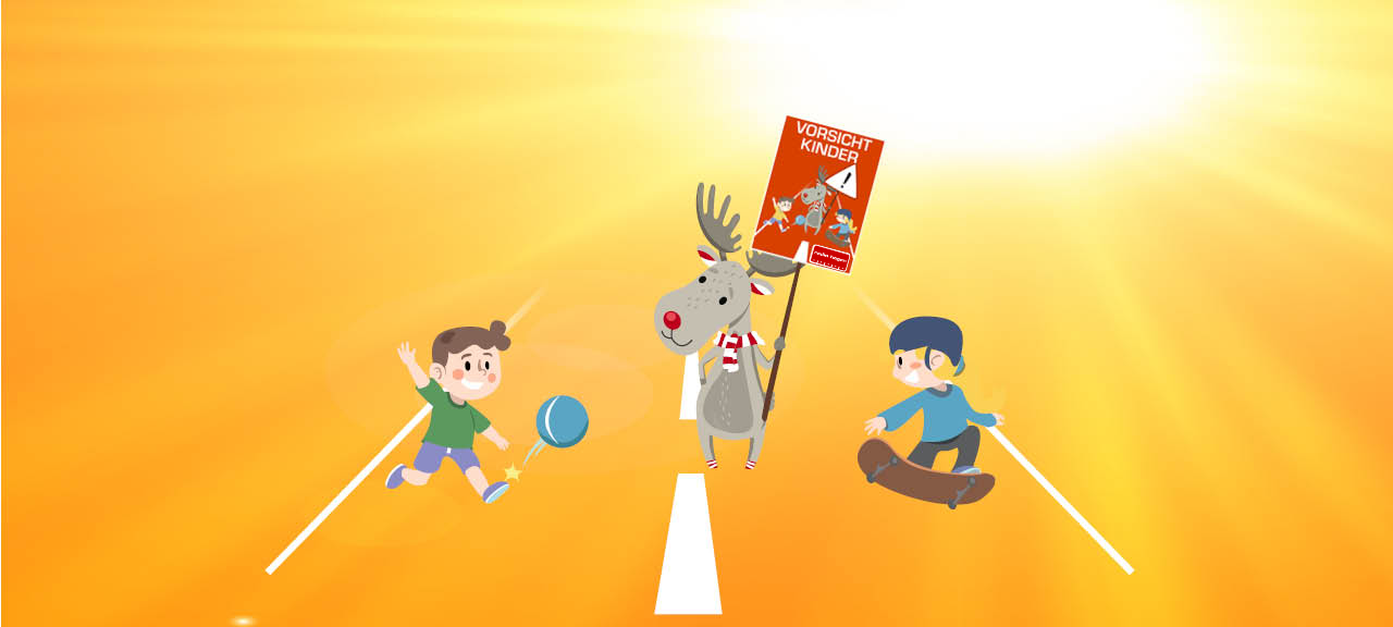 Radio-Elch Emil spielt auf der Straße mit Kindern